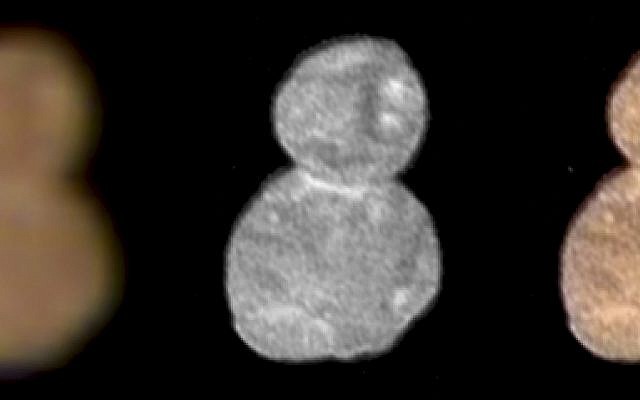 This image made available by NASA on January 2, 2019 shows images with separate color and detail information, and a composited image of both, showing Ultima Thule, about 1 billion miles beyond Pluto. (NASA via AP)