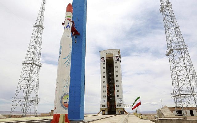 This picture, released by the official website of the Iranian Defense Ministry on July 27, 2017, claims to show the Simorgh satellite-carrying rocket at Imam Khomeini National Space Center, Iran. (Iranian Defense Ministry via AP)