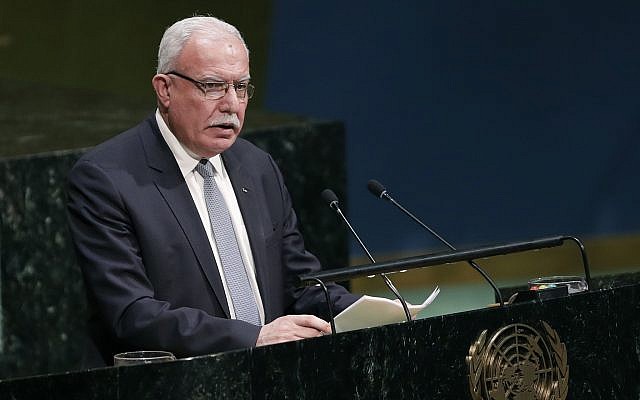 Palestinian Authority Foreign Minister Riyad al-Maliki addresses the General Assembly prior to a vote on December 21, 2017, at United Nations headquarters. (AP Photo/Mark Lennihan)
