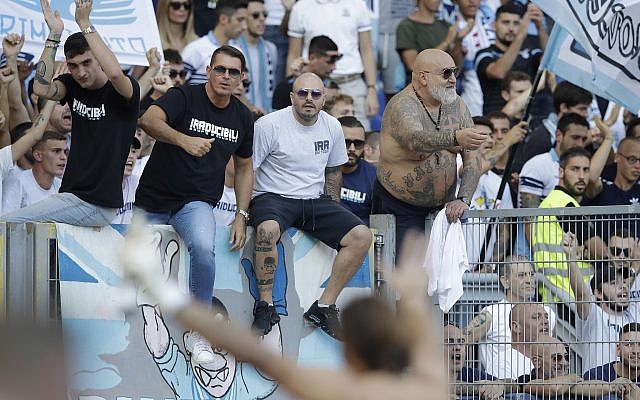 Illustrative: Lazio supporters celebrate at the end of a Serie A soccer match between Lazio and Genoa at Rome's Olympic stadium, September 23, 2018. (AP/Alessandra Tarantino)