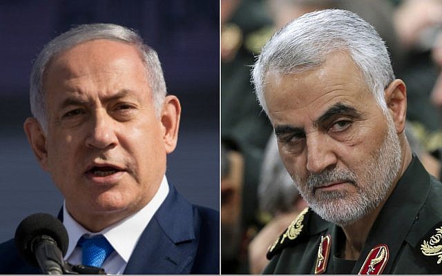Composite: Prime Minister Benjamin Netanyahu, left, and Revolutionary Guards Gen. Qassem Soleimani (Yonatan Sindel/Flash90, Office of the Iranian Supreme Leader via AP)