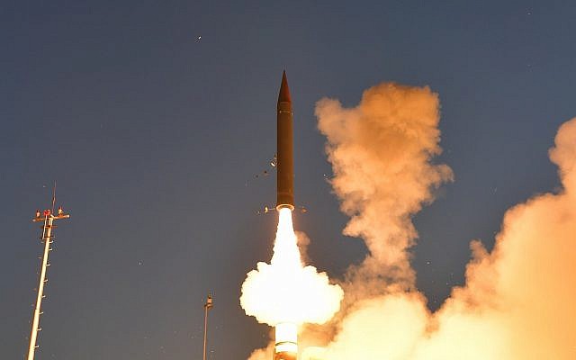 Israel and the United States carry out a successful test of their advanced Arrow 3 missile defense system on January 22, 2019 (Missile Defense Organization/Defense Ministry)