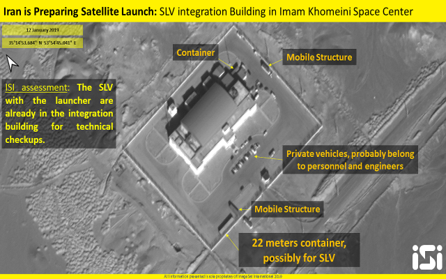 Satellite photos, released by Israeli firm ImageSat International on January 14, 2019, show apparent preparations by Iran to launch a satellite into space from its Imam Khomenei Spaceport in northern Iran. (ImageSat International)