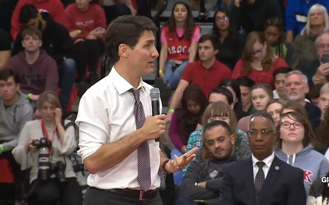 Prime Minister Justin Trudeau of Canada condemns the BDS movement during a town hall meeting at Brock University in St. Catherines,Ontario. January 15, 2019 (YouTube screenshot)