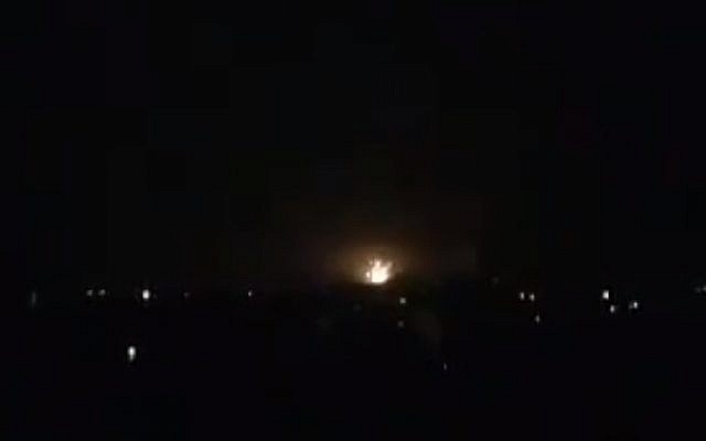 A blast caused by an Israeli airstrike on Iranian targets in the Damascus International Airport on January 11, 2019. (Screen capture: Twitter)