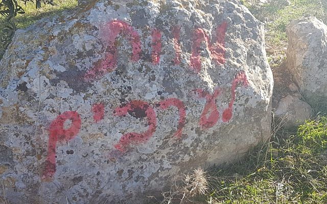 "Death to Arabs" spray-painted on a rock at the site of an apparent hate crime in the village of Tuwani in the southern West Bank on January 8, 2019. (B'Tselem)