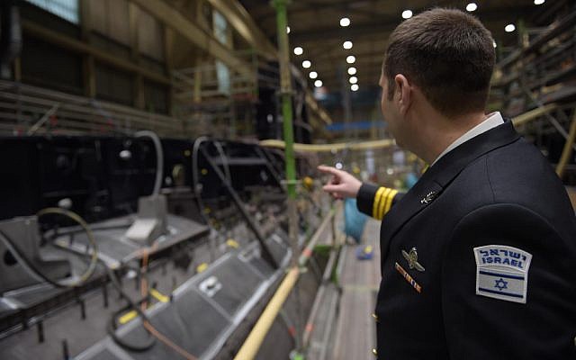 An Israeli Navy officer inspects the INS Dragon submarine currently being constructed in Kiel, Germany, in an undated photograph. (Israel Defense Forces)