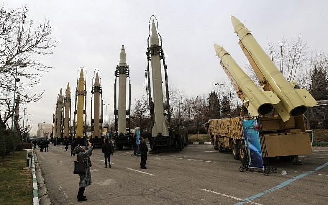 Iranians visit a weaponry and military equipment exhibition in the capital Tehran on February 2, 2019, organized on the occasion of the 40th anniversary of the Iranian revolution. (Atta Kenare/AFP)