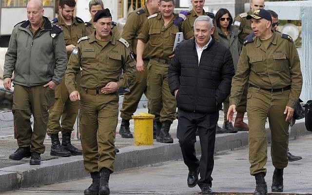 Prime Minister Benjamin Netanyahu during a visit to a base in Haifa, on February 12, 2019. (JACK GUEZ / POOL / AFP)