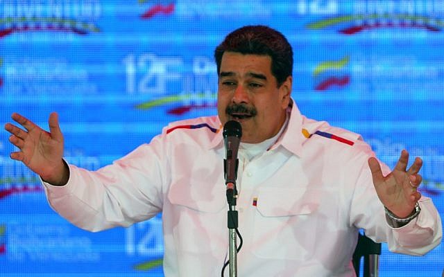Venezuelan President Nicolas Maduro gestures while giving a speech in Caracas, Venezuela, on February 12, 2019. (Orangel  Hernandez/AFP)