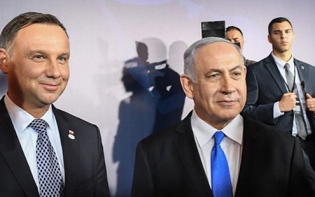 Poland's President Andrzej Duda and Israeli Prime Minister Benjamin Netanyahu are seen during the conference on Peace and Security in the Middle east in Warsaw, on February 13, 2019 (Janek SKARZYNSKI / AFP)