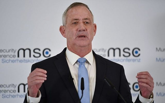 Israel Resilience party chairman Benny Gantz speaks at the 55th Munich Security Conference in southern Germany, February 17, 2019. (Thomas Kienzle/AFP)