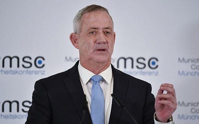 Israel Resilience party chairman Benny Gantz speaks at the 55th Munich Security Conference in southern Germany, February 17, 2019. (Thomas Kienzle/AFP)