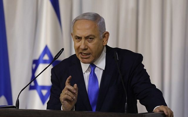 Prime Minister Benjamin Netanyahu gives a televised statement after a meeting of his ruling Likud party in Ramat Gan on February 21, 2019. (Menahem Kahana/AFP)