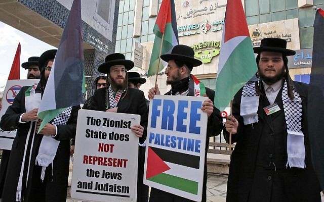 Ultra-Orthodox Jewish men belonging to Neturei Karta, a small faction of anti-Zionist ultra-Orthodox Jews who oppose Israel's existence, hold placards during an annual demonstration in memory of the 1994 massacre at the Cave of the Patriarchs, in the West Bank city of Hebron, February 22, 2019. (HAZEM BADER / AFP)