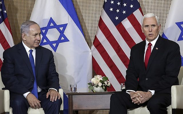 United States Vice President Mike Pence, right, talks to the media during a bilateral meeting with Prime Minister Benjamin Netanyahu, left, in Warsaw, Poland, February 14, 2019. (Michael Sohn/AP)