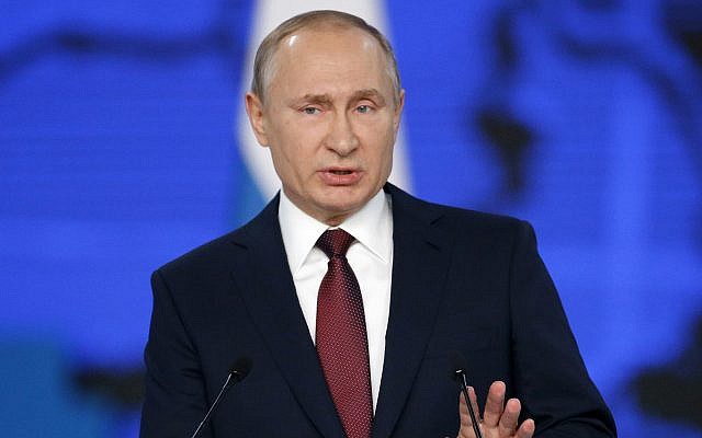 Russian President Vladimir Putin delivers a state-of-the-nation address in Moscow, Russia, February 20, 2019. (Alexander Zemlianichenko/AP)