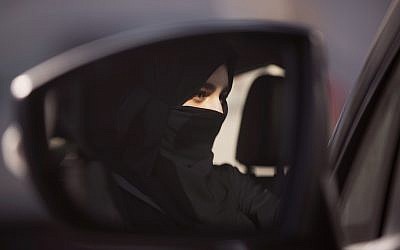 A student at the female-only campus of Effat University, sits for the first time in the driver's seat, during training sponsored by Ford Motor, in Jeddah, Saudi Arabia, Tuesday, March 6, 2018. (AP/Amr Nabil)