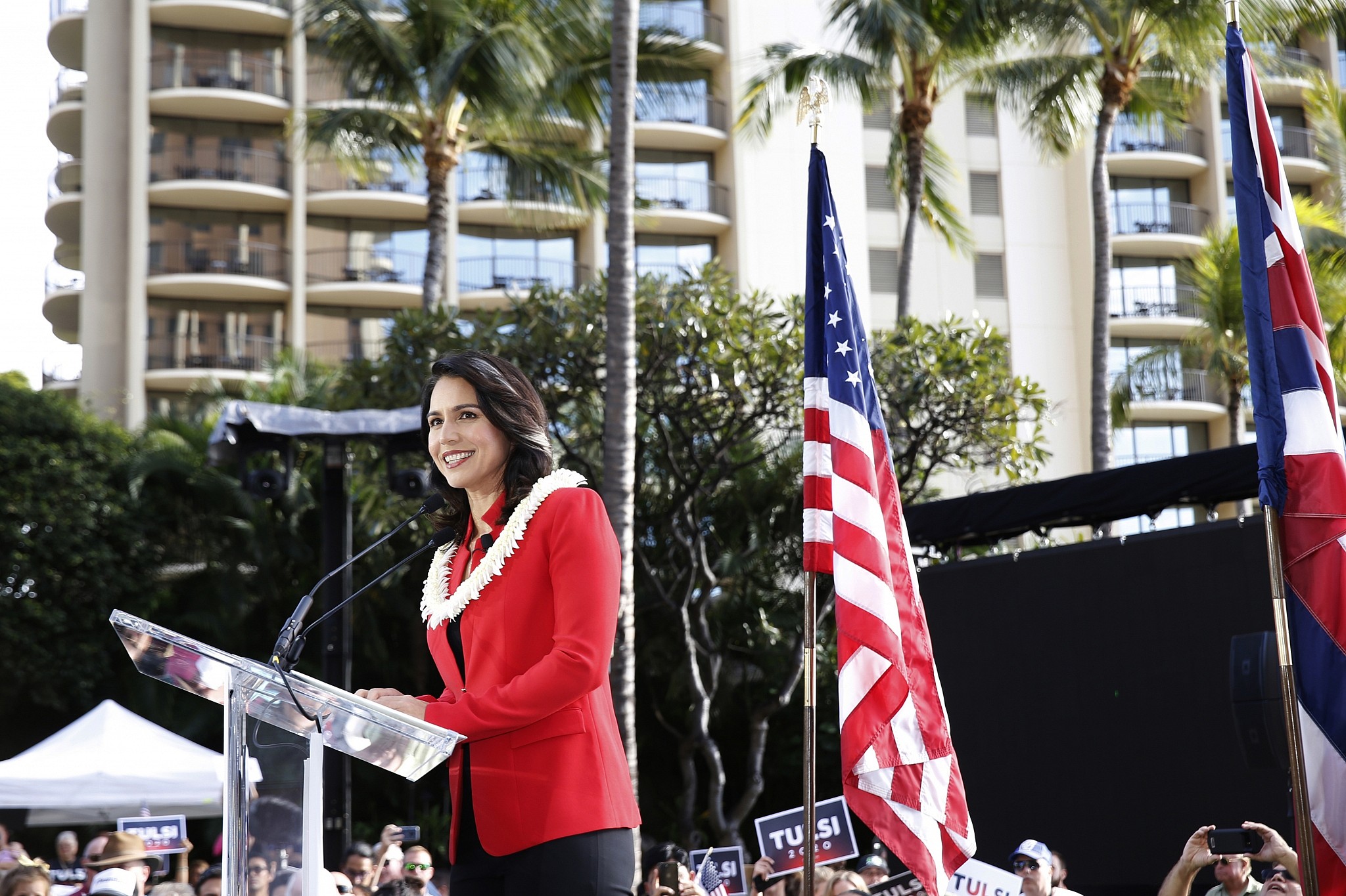 Tulsi Gabbard, D-Hawaii, speaks during a campaign rally announcing her cand...