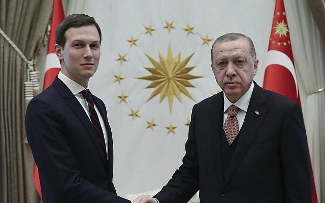 Turkey's President Recep Tayyip Erdogan, right, shakes hands with Jared Kushner, left, US President Donald Trump's adviser, prior to their meeting at the Presidential Palace in Ankara, Turkey, Wednesday, Feb. 27, 2019 (Presidential Press Service via AP, Pool)
