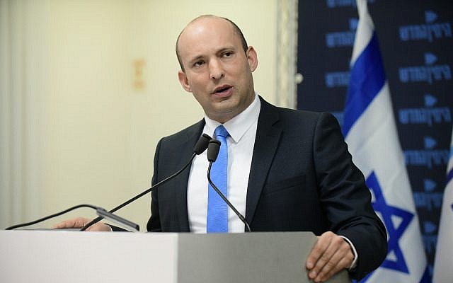 Education Minister Naftali Bennett speaking at a New Right party press conference in Tel Aviv on February 7, 2019. (Tomer Neuberg/Flash90)