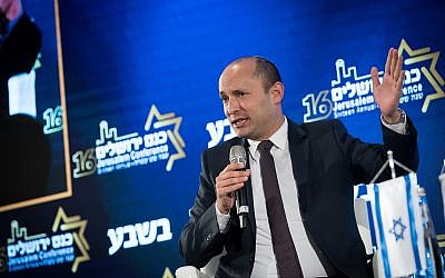 Education Minister and leader of the New Right party Naftali Bennett speaks at the 16th annual Jerusalem Conference of the ‘Besheva’ group, on February 12, 2019. (Yonatan Sindel/Flash90)
