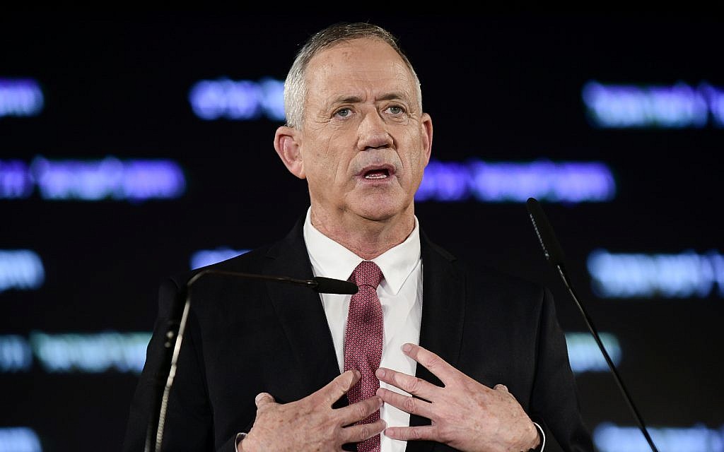 Benny Gantz, head of the Israel Resilience party, speaks at a conference presenting the party's list of candidates for coming Knesset elections at an event held in Tel Aviv on February 19, 2019. (Tomer Neuberg/Flash90)