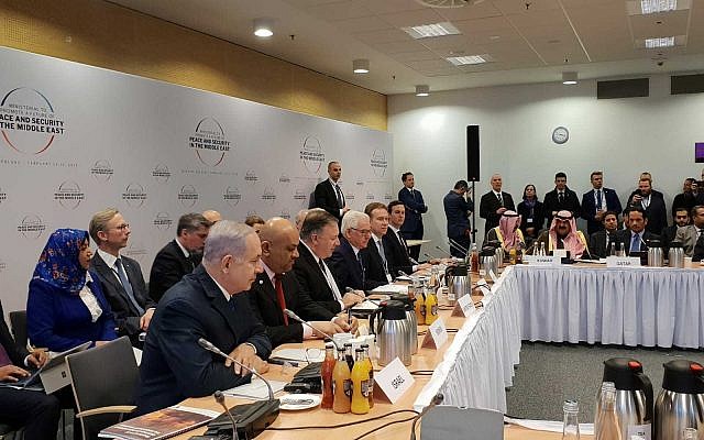 Prime Minister Benjamin Netanyahu (left, foreground) with other leaders at the conference on Peace and Security in the Middle East in Warsaw, on February 14, 2019. (Amos Ben Gershom/GPO)