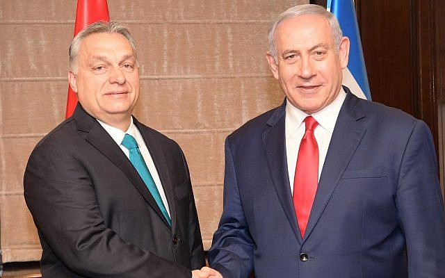 Hungarian Prime Minister Viktor Orban, left, with Prime Minister Benjamin Netanyahu at the King David Hotel in Jerusalem, February 19, 2019. (Amos Ben Gershom/GPO)