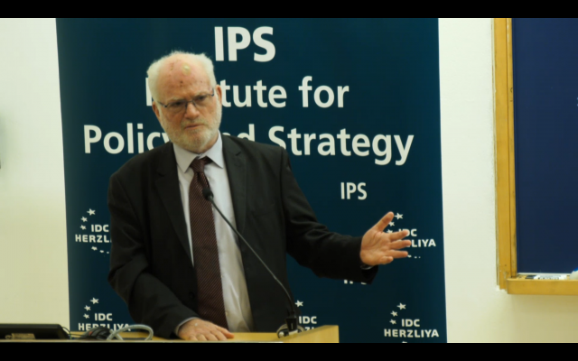 Former senior defense official Amos Gilad speaks at a conference at the Interdisciplinary Center in Herzliya on February 12, 2019. (Screen capture: IDC)