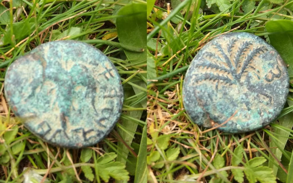 The two sides of the ancient coin discovered on February 6, 2019 in the Lachish region, dating back to the Bar Kochba revolt in 133 or 134 CE. (Shiri Burchard)