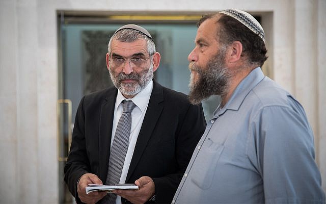 Right wing activists Michael Ben Ari, left, and Bentzi Gopstein, right at the Supreme Court in Jerusalem, March 12, 2018. (Hadas Parush/Flash90)