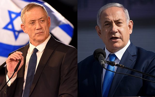 Benny Gantz, left, and Prime Minister Benjamin Netanyahu, right. (Gili Yaari, Yonatan Sindel/Flash90)