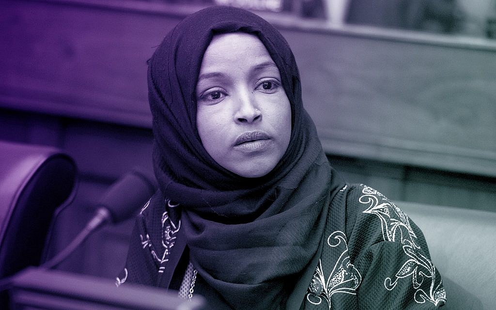 Rep. Ilhan Omar at a House Foreign Affairs Committee hearing in the Rayburn Building in Washington, DC, February 13, 2019. (Tom Williams/CQ Roll Call/JTA)