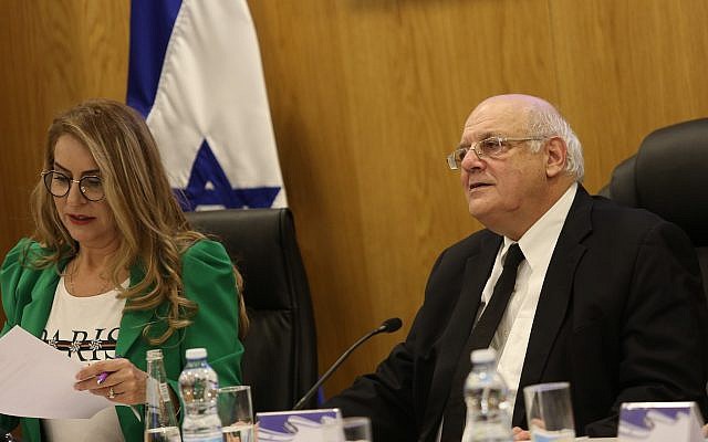 Supreme Court Justice Hanan Melcer, chairman of the Central Elections Committee, and Orly Ades, the committee's director general, seen on February 21, 2019. (Yonatan Sindel/Flash90)