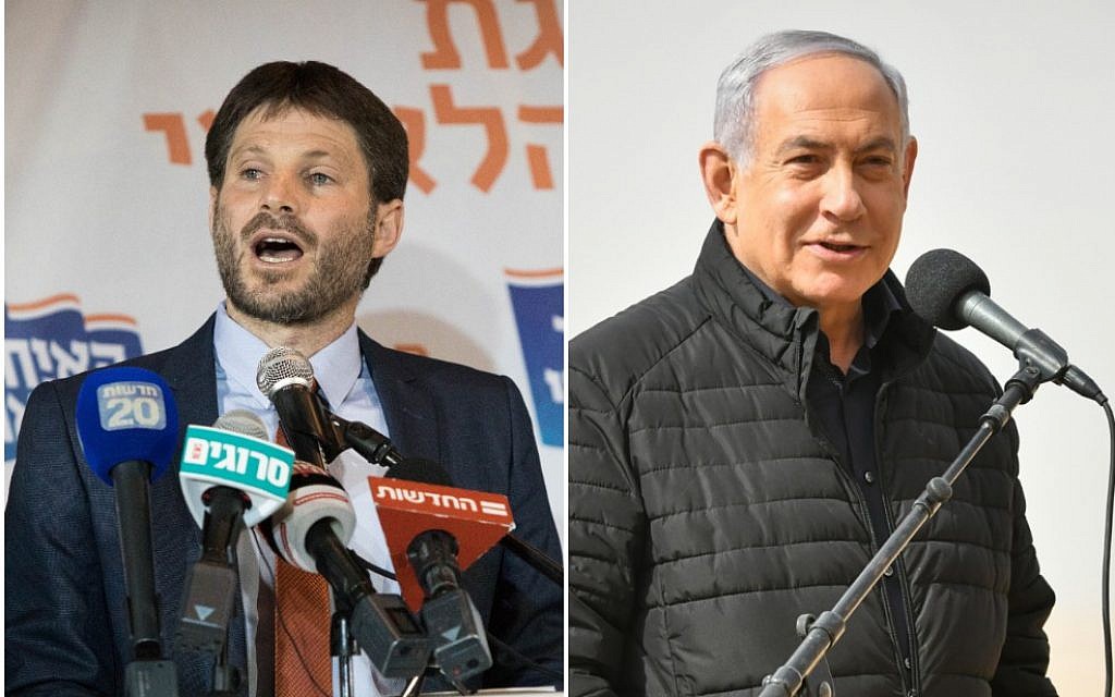 Left, Bezalel Smotrich, after winning the election for chairman of the National Union, at the Crown Plaza hotel in Jerusalem, January 14, 2019. (Yonatan Sindel/Flash90). Right, Prime Minister Benjamin Netanyahu visits a drill of the Armored Corps in Shizafon Base, in southern Israel on January 23, 2019. (Flash90)