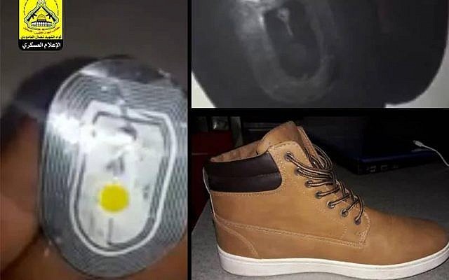 Pictures said to show shoes with tracking devices seized by Hamas en route to the Gaza Strip on February 16, 2019 (screen capture: Twitter)
