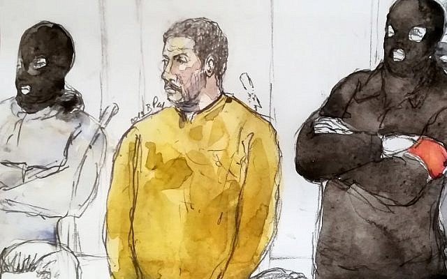 A court sketch made on January 10, 2019, shows Mehdi Nemmouche, center, accused of the terrorist attack at the Jewish Museum in Brussels in 2014, during his trial at the Brussels Justice Palace. (Benoit Peyrucq/AFP)