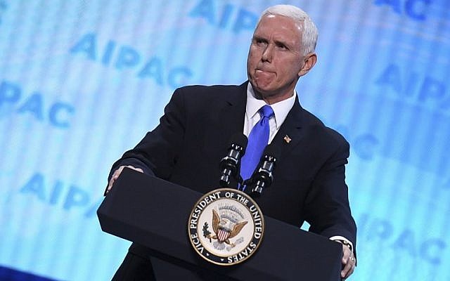 US Vice President Mike Pence addresses AIPAC's policy conference in Washington DC, March 25, 2019. (Jim Watson/AFP)