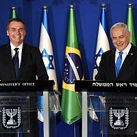 Brazilian President Jair Bolsonaro, left, and Israeli Prime Minister Benjamin Netanyahu speak during a joint press conference at the Prime Minister's Residence in Jerusalem, on March 31, 2019. (DEBBIE HILL/POOL/AFP)