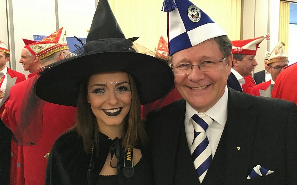 Amit Beumling and her father, Dieter Beumling, wearing his tam, at the Kölsche Kippa Köpp launch party in the Cologne Roonstrasse Synagogue. (Toby Axelrod)