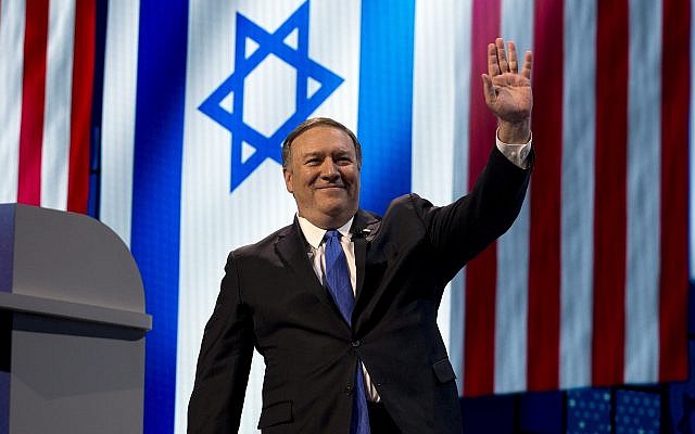 US Secretary of State Mike Pompeo waves as he speaks at the 2019 American Israel Public Affairs Committee (AIPAC) policy conference, at Washington Convention Center, in Washington, Monday, March 25, 2019 (AP Photo/Jose Luis Magana)