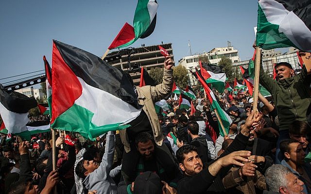 Illustrative: Palestinian demonstrators attend a protest in Gaza City, on February 24, 2019. (Abed Rahim Khatib/ Flash90)