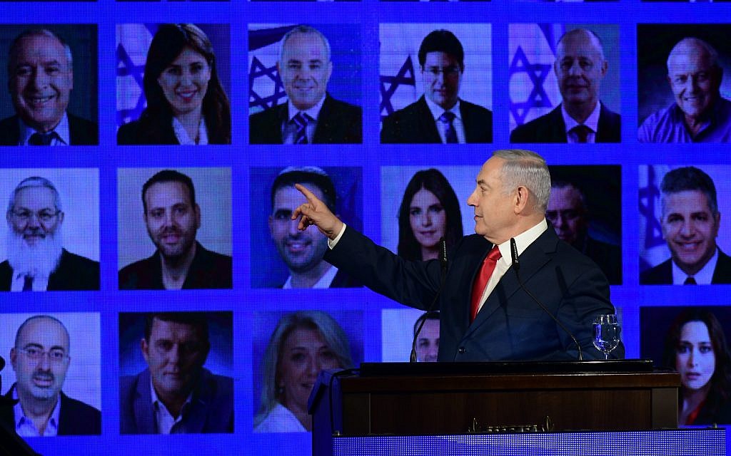 Prime Minister Benjamin Netanyahu at the launch of his Likud party's election campaign in Ramat Gan, March 4, 2019.(Aharon Krohn/Flash90)