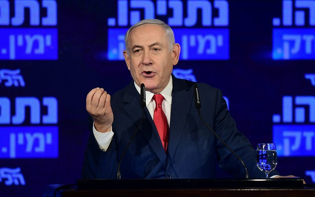 Prime Minister Benjamin Netanyahu at the launch of his Likud party's election campaign in Ramat Gan, March 4, 2019. (Aharon Krohn/Flash90)