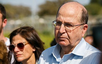 Blue and White’s Moshe Ya’alon is seen during a visit to the Gaza border area with other members of the party on March 13, 2019. (Flash90)