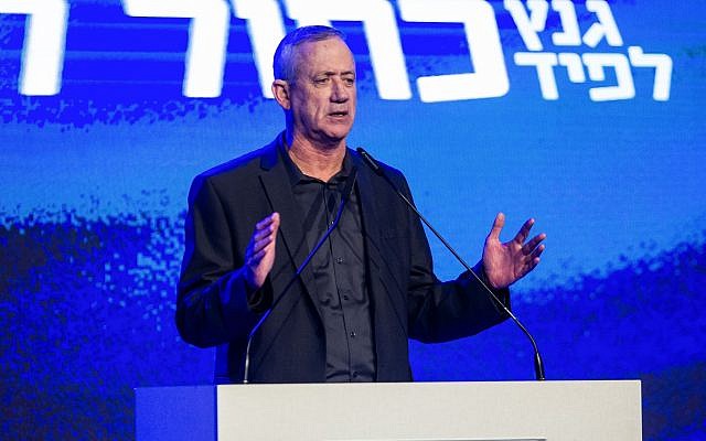 Head of the Blue and White party, Benny Gantz, speaks during a campaign event in Haifa, on March 17, 2019. (Flash90)