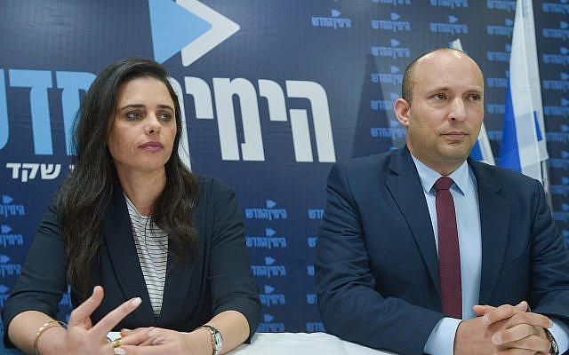 Justice Minister Ayelet Shaked and Education Minister Naftali Bennett hold a press conference of the New Right Political party, in Tel Aviv on March 17, 2019. (Flash90)