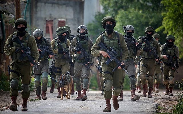 Israeli soldiers carry out a a raid in the village of Bruqin near the West Bank town of Salfit on March 17, 2019, after a terrorist fled to the village following a deadly stabbing and shooting attack (Flash90)