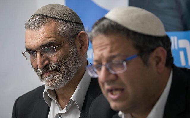 Otzma Yehudit party members Michael Ben Ari (L) and Itamar Ben Gvir attend a press conference held in response to the Supreme Court decision to disqualify Michael Ben Ari's candidacy for the upcoming Knesset elections, due to his racist views, in Jerusalem on March 17, 2019. (Yonatan Sindel/FLash90)